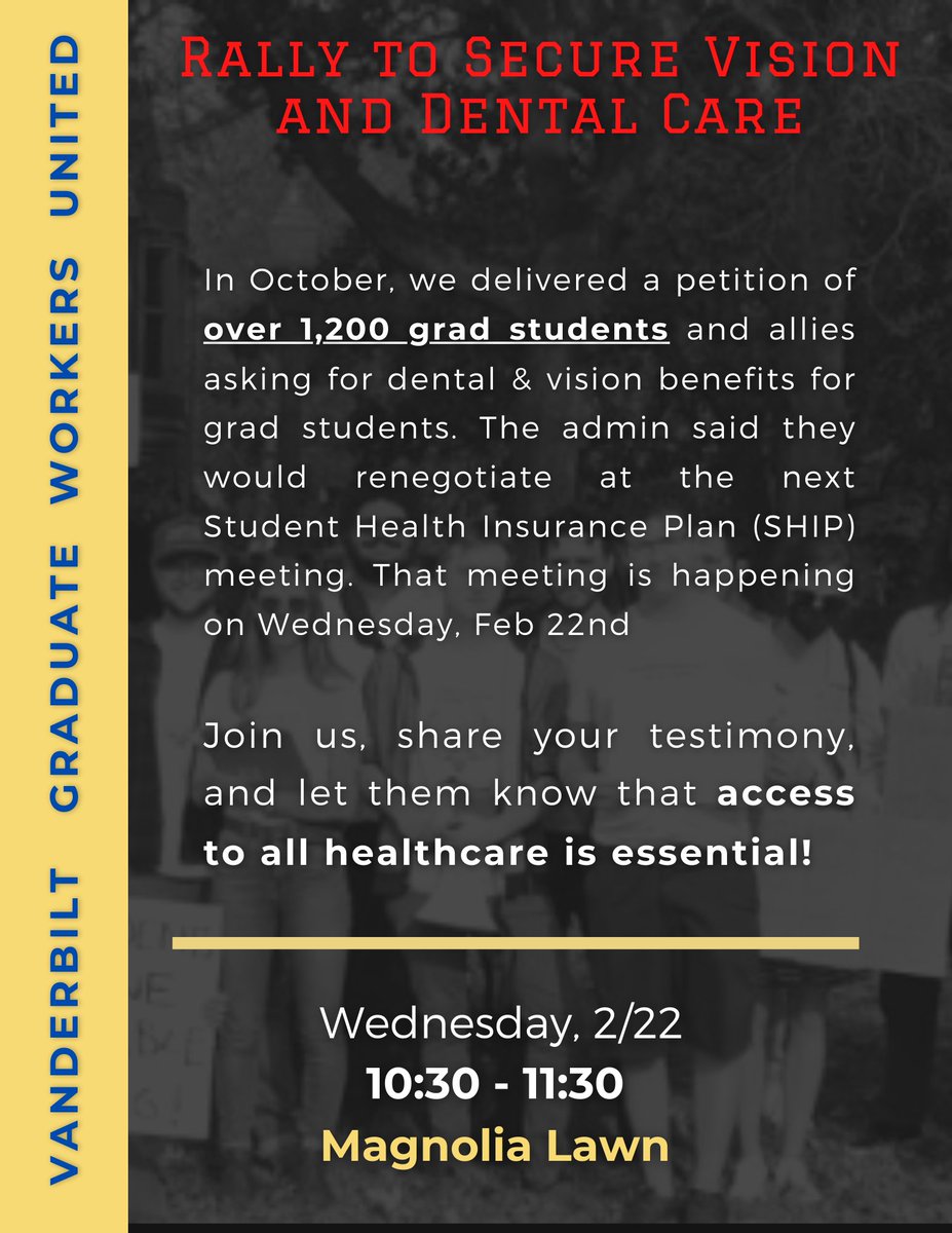 VandyGradUnion's tweet photo. Join us on Wed morning to rally for the healthcare we deserve! There'll also be a Zoom webinar on Wed night at 7pm to keep folks informed about the latest news from the negotiations, hosted by our allies in the Grad Student Council. DM us for the Zoom link! #gradlabor #Vanderbilt https://t.co/XQhkTdFlDx