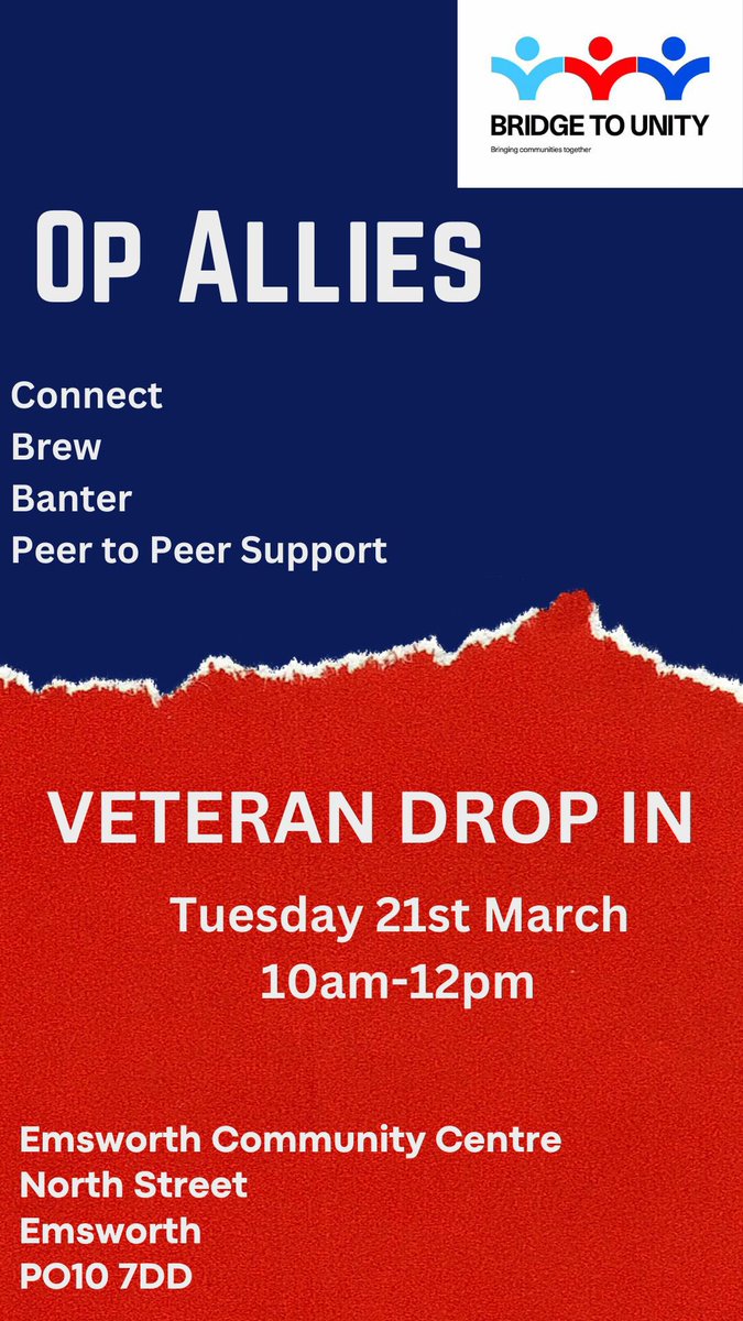 Here we have it. Our very first #veteran drop in at #Emsworth Community Centre on the 21st of March. More exciting details will be released in the weeks to come! 🤝🏻