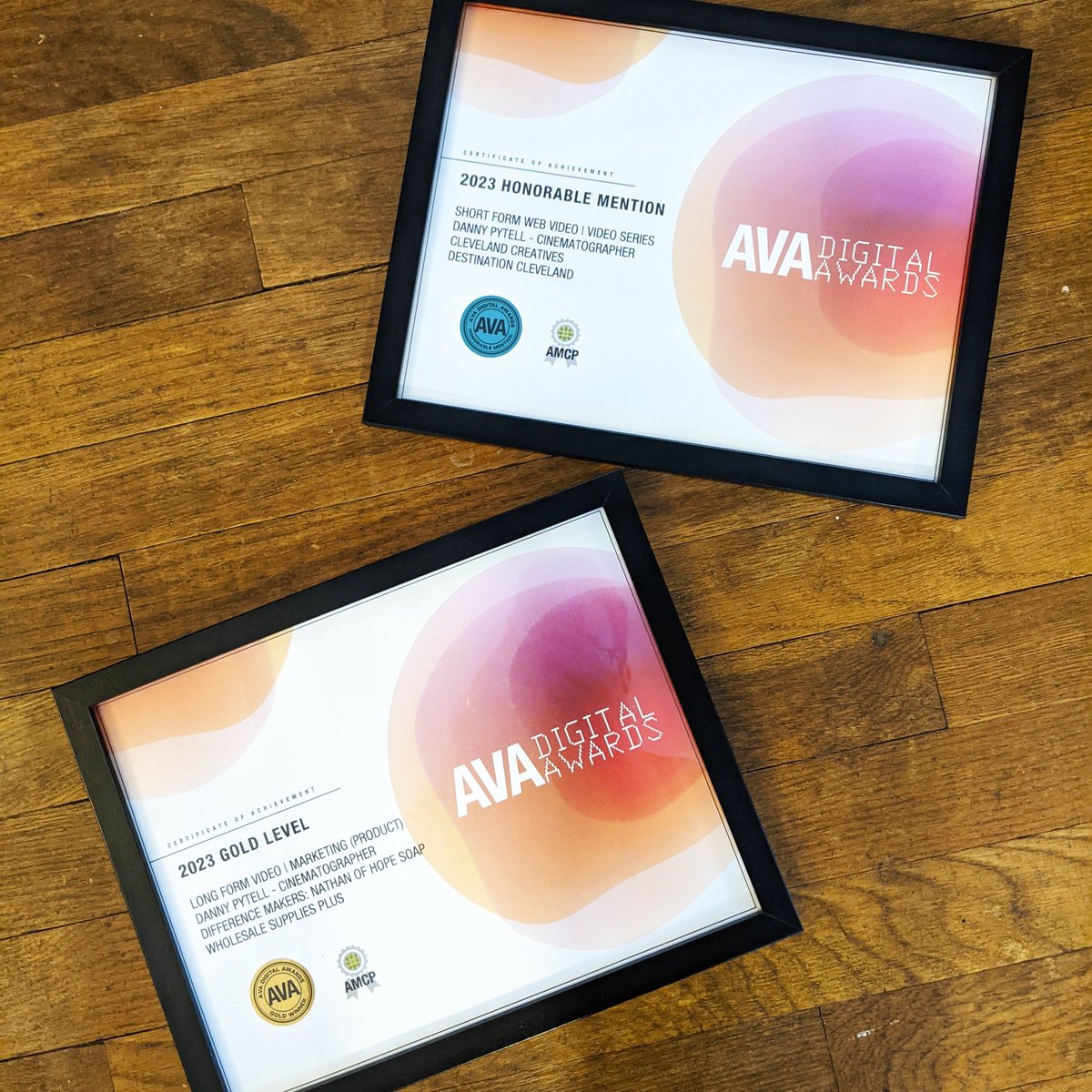 Celebrating today with my 2023 @AVA_Awards certificates for my work on the Cleveland Creatives series for @TheCLE and the Difference Makers episode for @WSPNews! Will be hanging these with pride (statuette coming soon!)