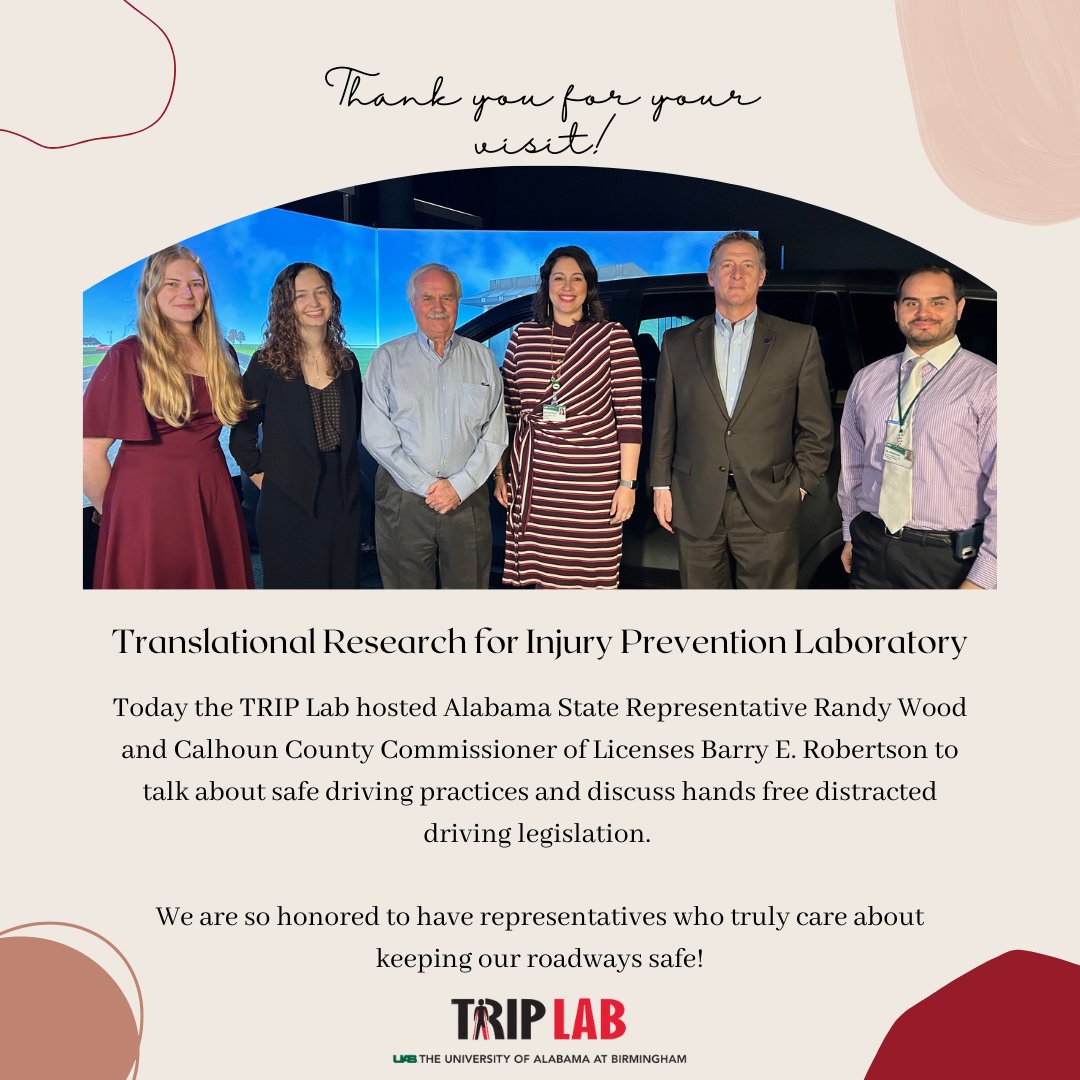UABTRIPLAB's tweet photo. We were so honored to be able to host Alabama State Representative Randy Wood and Calhoun County Commissioner of Licenses Barry E. Robertson today to talk about safe driving practices and discuss hands free distracted driving legislation! @UAB_CAS @CURinAction #drivesafealabama https://t.co/zPOvUvlRvc