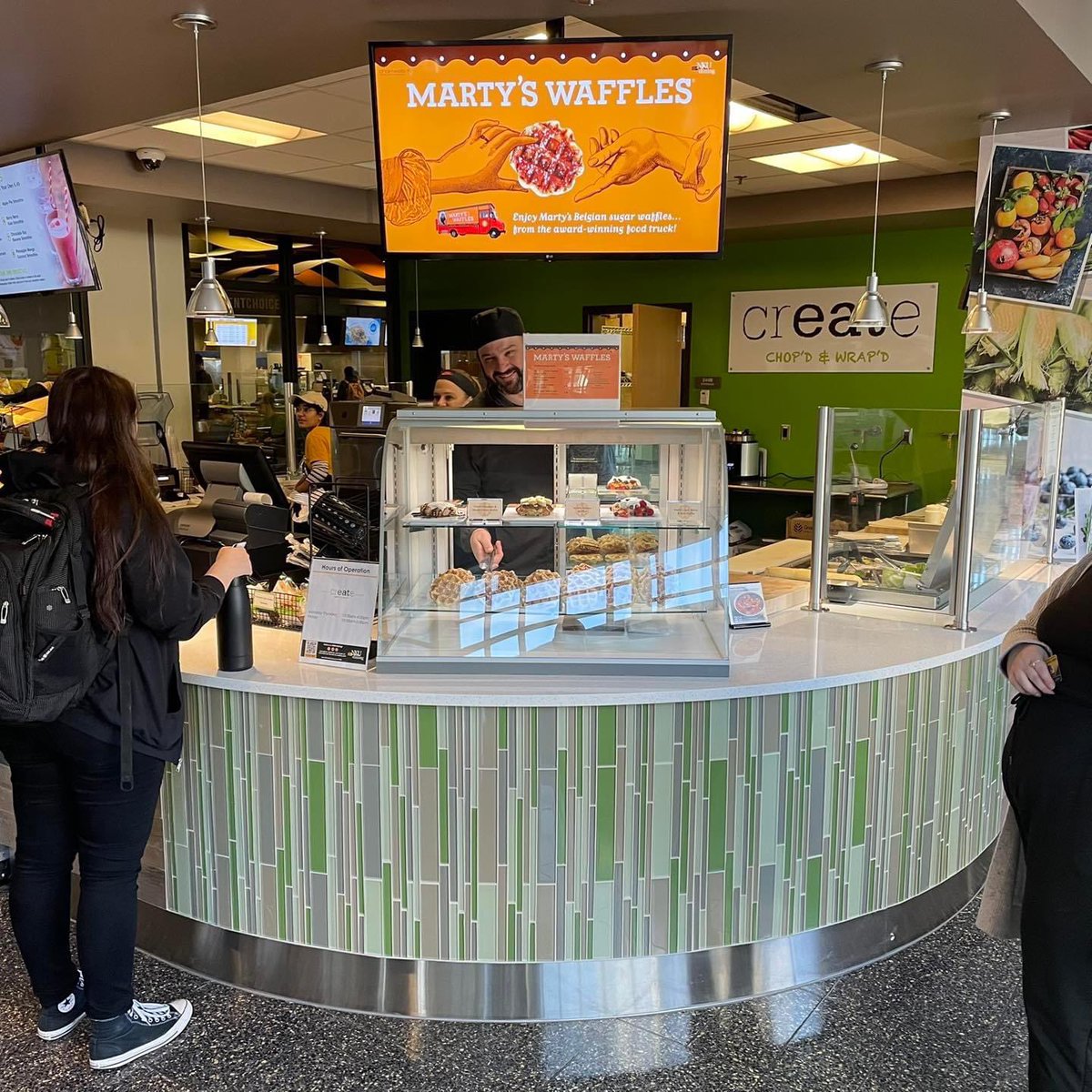 Now serving at NKU!
Beginning today, Feb 20, you can treat yourself to Marty’s Waffles between classes inside NKU’s Votruba Student Union! Find us at the Create food station to the left of the information desk, across from Starbuck’s. Select toppings available til 3pm daily 😋
