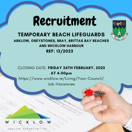 wicklowcoco's tweet photo. Applications are invited for the posts of Temporary Beach Lifeguard Ref: 13/2023.
#jobfairy #localgovire #publicjobs #publicappointmentservice https://t.co/OdAW72XYcC