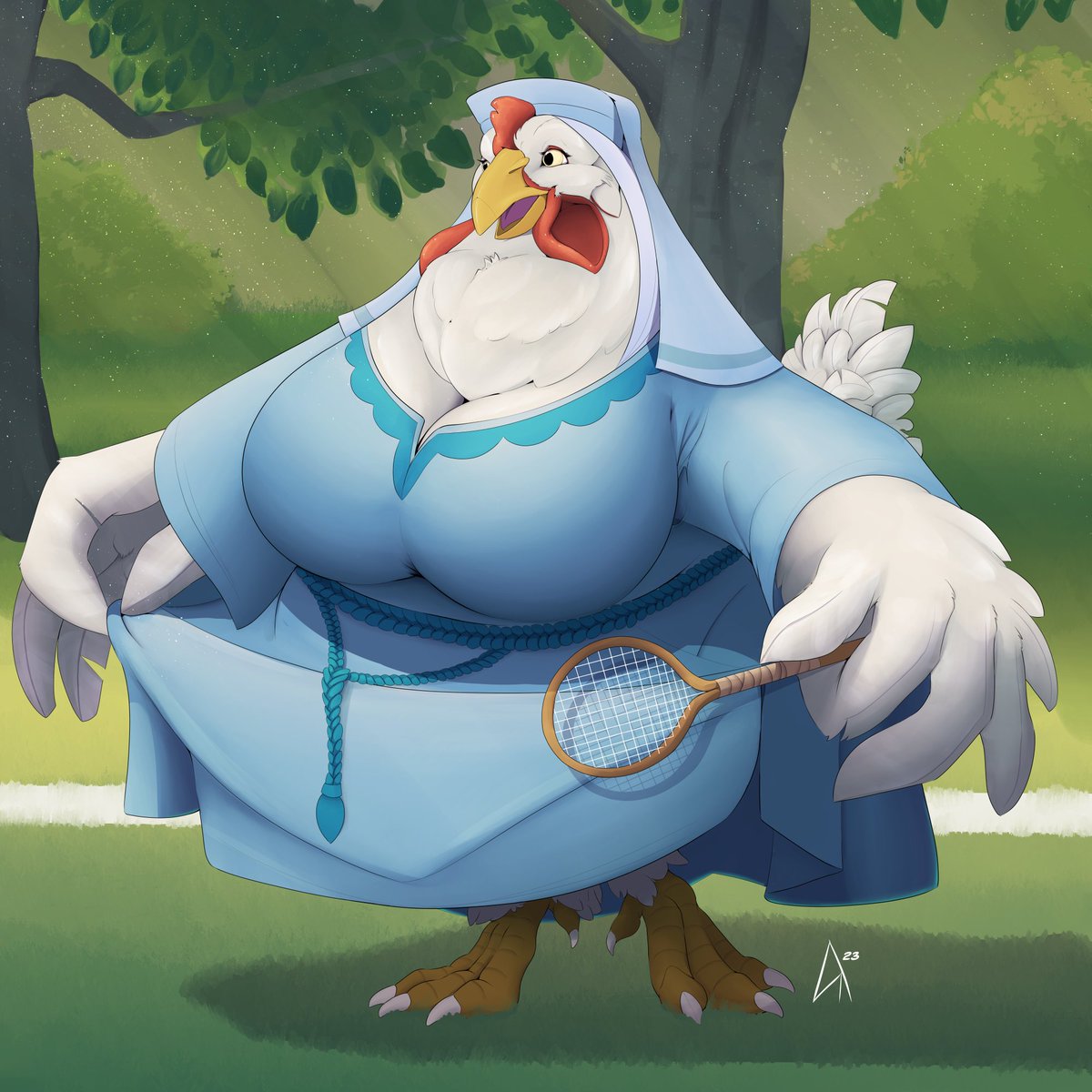 Rarely do I do fanart, something I should do more often honestly. Here's lovely Lady Kluck enjoying some badminton. Let's just say she had been an influence on me. I hope you all like it! 💜