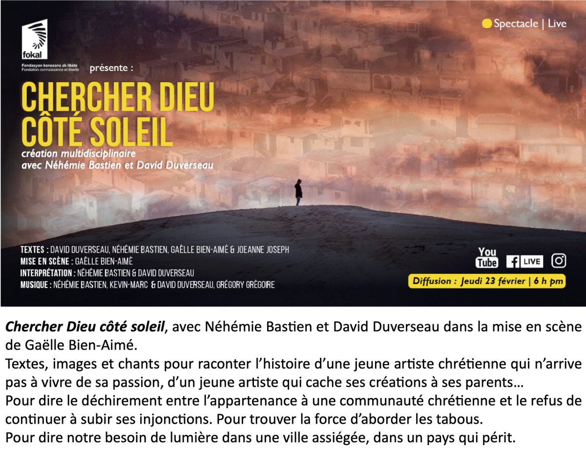 otolokayiti's tweet photo. Quelques indices pour ceux et celles qui n'ont pas lu l'article... "Chercher Dieu côté soleil" : jeudi 23 février,  6 h pm, en live sur les réseaux de Fokal et de ses partenaires.
↘️https://t.co/gKtcXQOzyz
↘️https://t.co/lr4CMS05gu https://t.co/LBC8UeEMu9