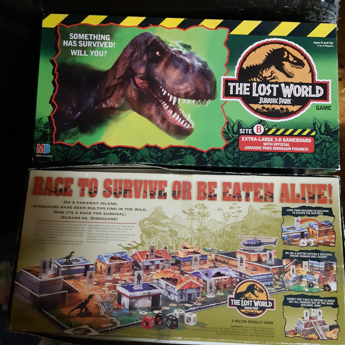 KDavJeff's tweet photo. The first game was epic as a kid but never had the others...but after yesterday....one step closer! This #TheLostWorld #JurassicPark game is stunning! The 3D game board of the abandoned Sorna Town....come on!? Amazing. 

#BoardGames #MiltonBradley #SiteB #1997 #TRex https://t.co/ckT1tOLW1e