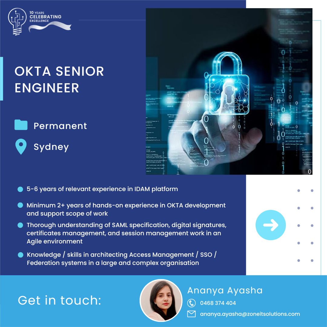 ZoneITSolutions's tweet photo. Zone It Solutions is always on the lookout for top talent. Swipe through our job post & reach out to the concerned consultants for more information and begin your journey towards a rewarding career.
#techjobs #okta #engineers #reliabilityengineer #SAPhiring #sydneyjobs https://t.co/JDf7rCU1XW