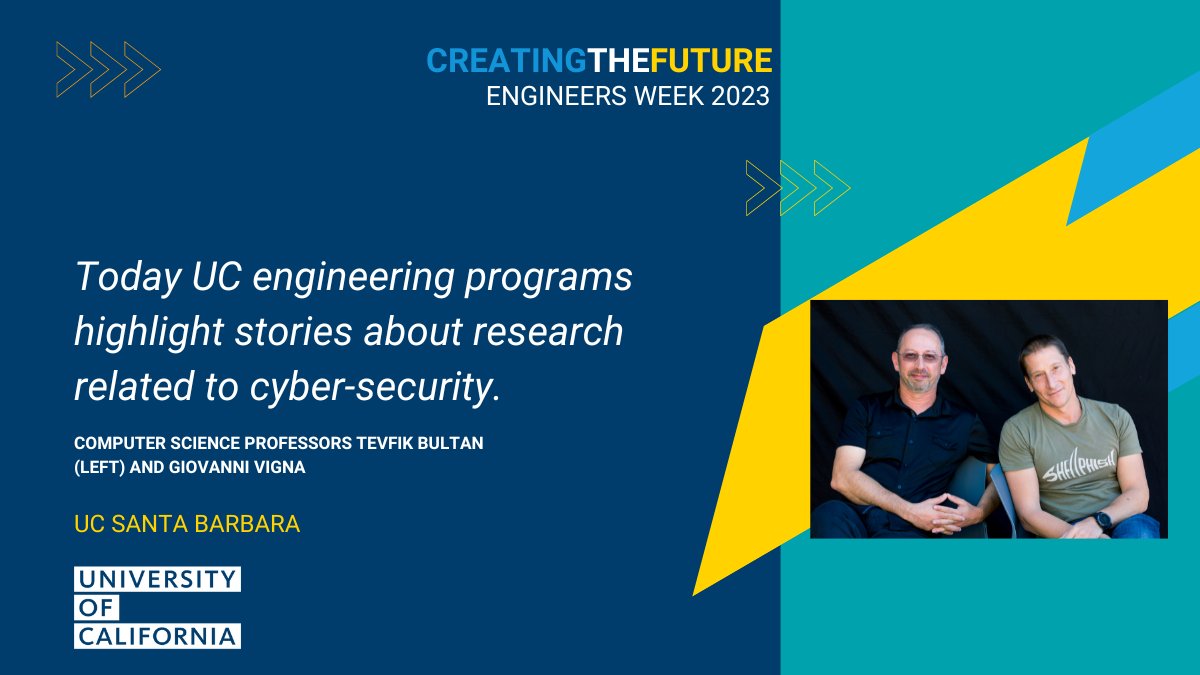 Security Agents: CS professors Tevfik Bultan and Giovanni Vigna take complementary approaches to data defense bitly.ws/ApAV

For more stories about the #UCEngineer impact on #CyberSecurity, visit ucal.us/engineersweek
#Eweek2023 #UCEngineer