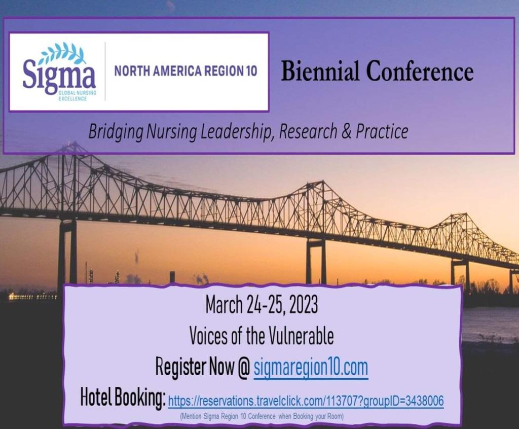 STTIReg10's tweet photo. Join us for the Sigma North America Region 10 Biennial Conference on March 24-25 for two days of insightful speakers and networking. Register by March 10th via the link in our bio and book your hotel stay using the following link: https://t.co/SUSE7lgcfE
See you there! https://t.co/x7H46nKxUa