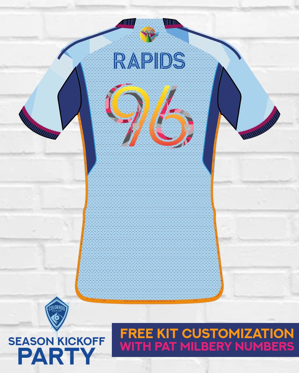 ColoradoRapids's tweet photo. Joining us at our Season Kickoff Party? 

Fans will be able to purchase the New Day Kit and get it customized onsite with limited-edition numbers designed by Pat Milbery!

RSVP now 💙 » https://t.co/h1FU0AIlQl https://t.co/zYtOW5Je8p
