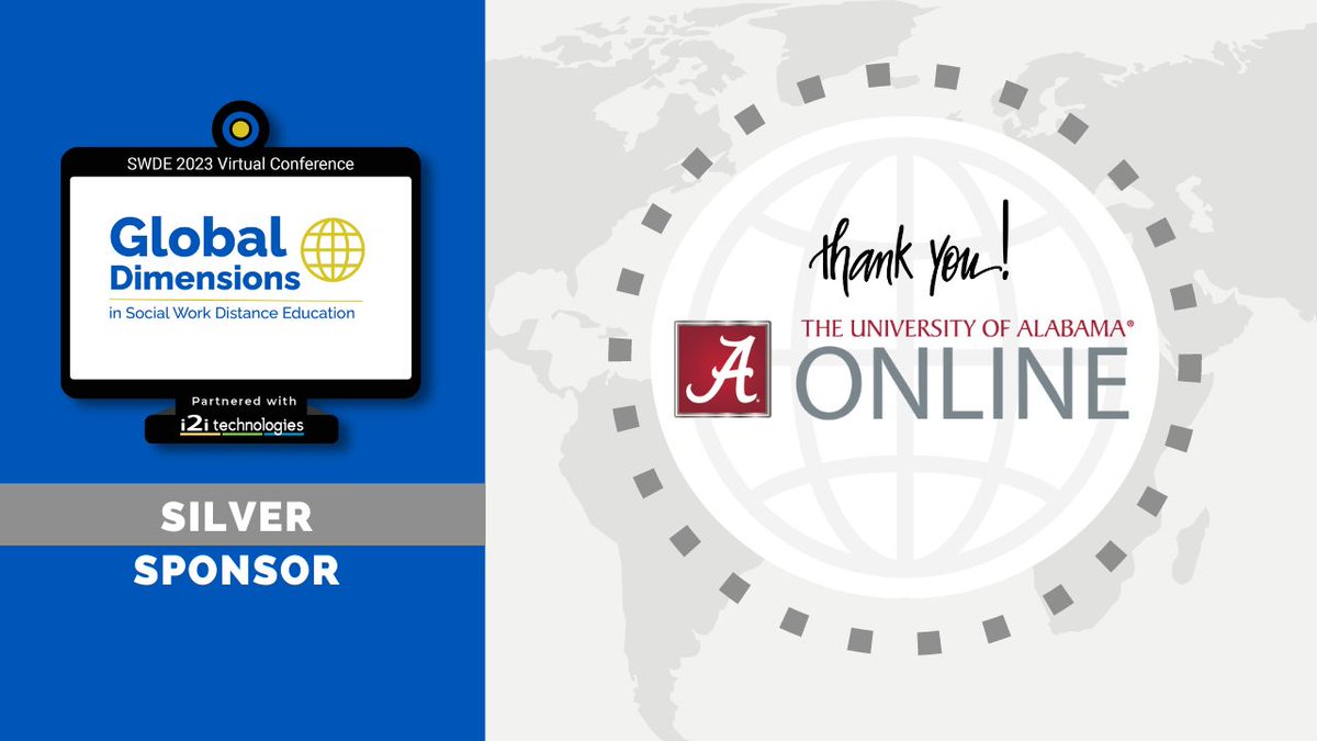 SWDEConference's tweet photo. Shout out to The University of Alabama for being a SWDE 2023 Silver Sponsor!
Build your social work career with a primarily online BSW, MSW or DSW from The University of Alabama. Learn more ➡️ https://t.co/arEXOMZseG
#SWDE2023 #GlobalSocialWork - via Whova Event App https://t.co/3nYRNv1TWl