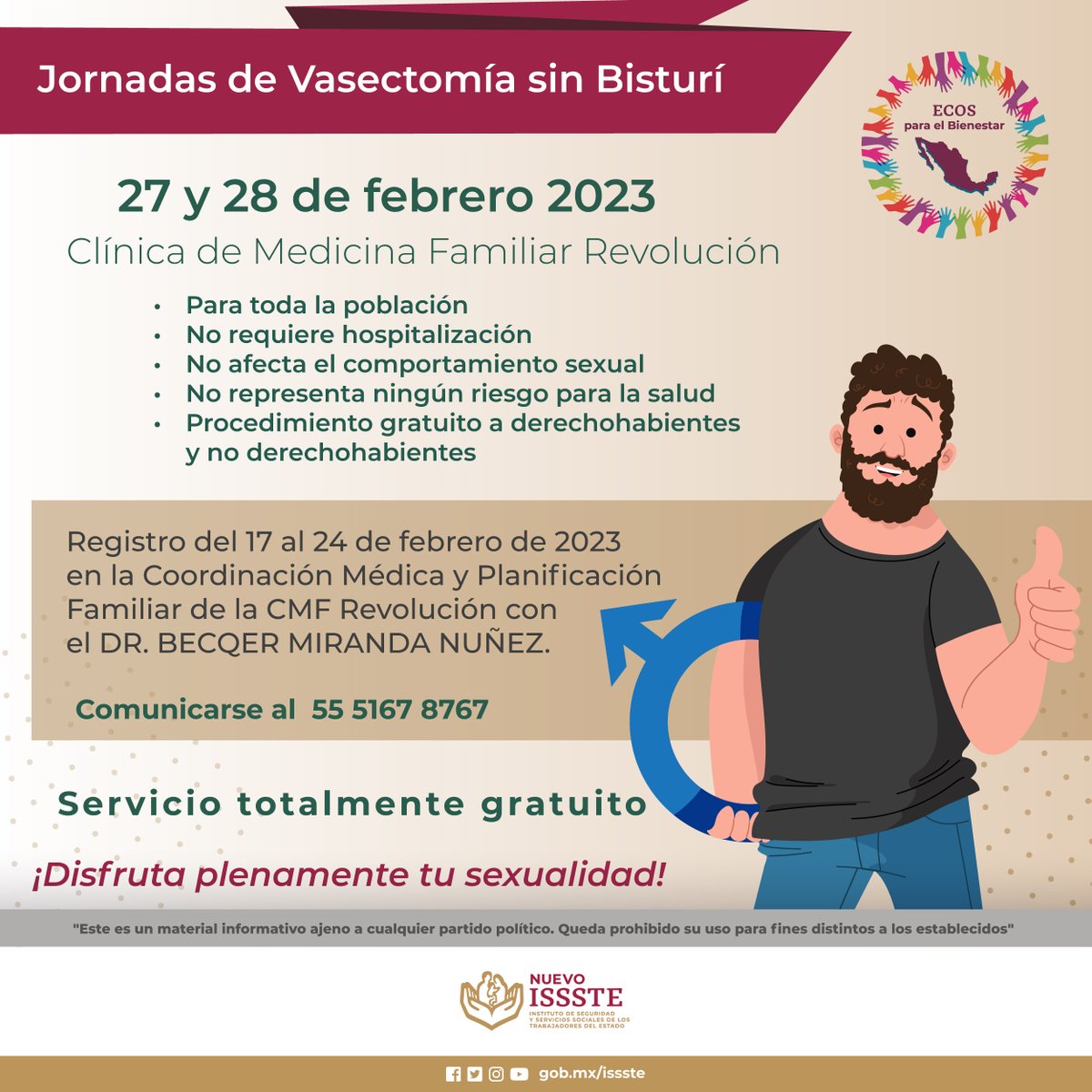 ISSSTE_mx's tweet photo. Las jornadas de vasectomía sin bisturí continúan en la #CDMX. 
Este 27 y 28 de febrero en la CMF Revolución.
¡Disfruta plenamente de tu sexualidad!
Mira los datos:
#SaludParaTodos
#SoyHombreYMeCuido
#MesDeLaSaludDelHombre https://t.co/onuJb5wAuI