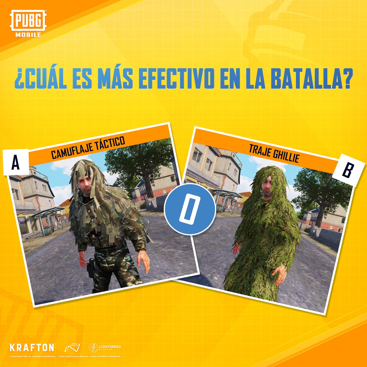 PUBGMOBILELATAM's tweet photo. ⚠ Piensen rápido ⚠
Traje Ghillie vs. Camuflaje táctico 👀
¿Cuál es su favorito? 🤩
Sean parte de nuestro squad: https://t.co/eCyhN9oOEM
#PUBGMOBILE #PUBGMOBILEC4S10 #PUBGMSKILL #GEARFRONT https://t.co/2ubInB5rbY