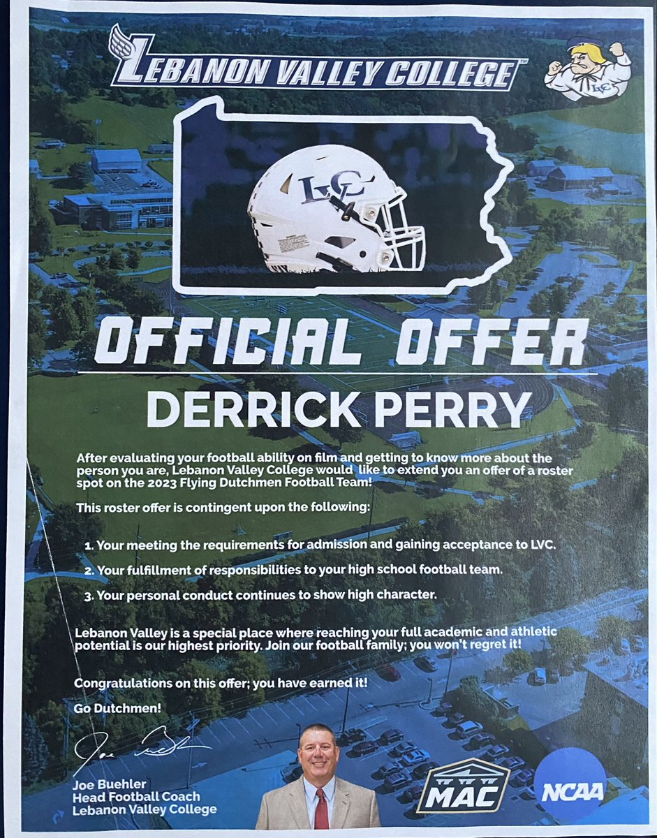 After a great visit and even better conversation with <a href="/joebuehler_lvc/">Joe Buehler</a> I am extremely blessed and grateful to say that I have received an offer to  Lebanon Valley College! <a href="/LVCFootball/">LVC Football</a> <a href="/LVC/">LebanonValleyCollege</a>