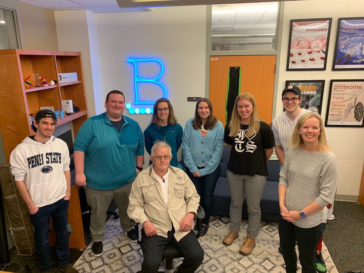 BakerLabMS's tweet photo. We got to meet one of our academic grandfathers today!!! @ErinBakerIMS performed undergraduate research with Dr. Eric Grimsrud at @montanastate, where she fell in love with ion mobility spectrometry and environmental analyses. Thanks for stopping by Dr. Grimsrud!!🥳 https://t.co/H5RTXfn6PK