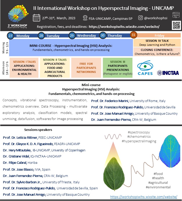 crisvdl's tweet photo. Coming very soon! Workshop on Hyperspectral Imaging at @unicampoficial
Registrations at https://t.co/aHkFwvfFlq
#NIRspectroscopy
#HSI #Chemometrics #quimiometria #hyperspectralimaging @sbquimica https://t.co/zYr3pGMx6N