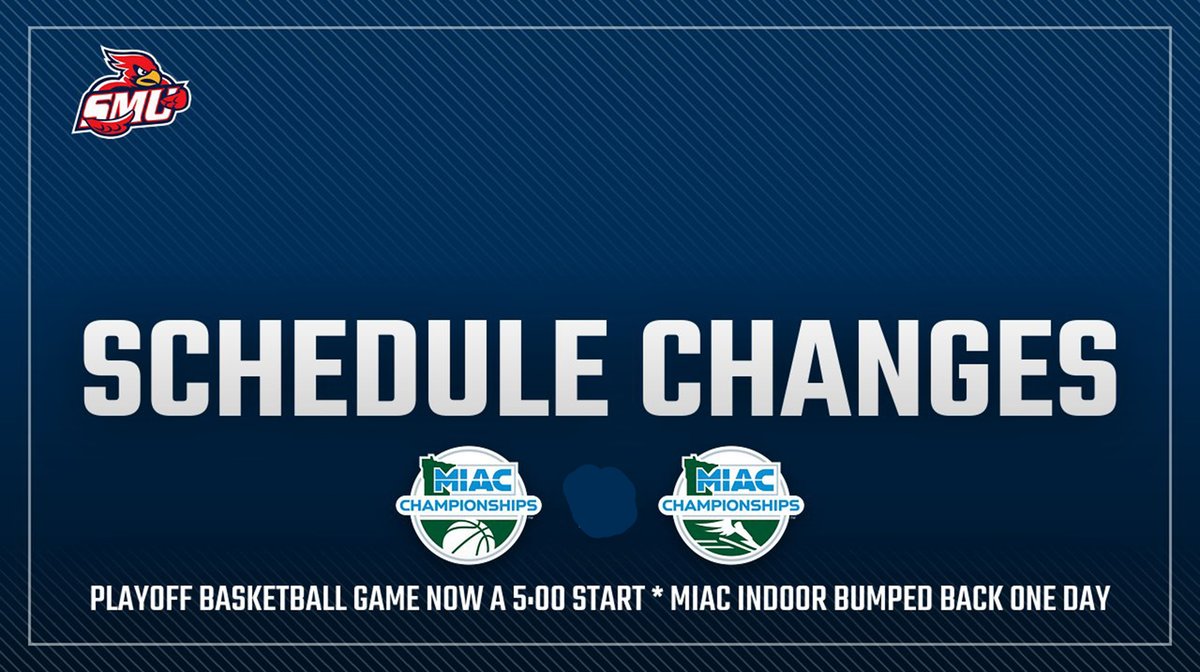 Winter storm forces schedule changes - <a href="/SMUMN_Hoops/">SMUMN Men's Basketball</a> MIAC Playoff game vs. Hamline on Tuesday has been moved to a 5 p.m. start at the SMU Gym; MIAC Indoor Championships for <a href="/SMUMNCCTF/">Saint Mary's Cross Country/Track & Field</a> have been moved back to Friday through Sunday in St. Paul, MN