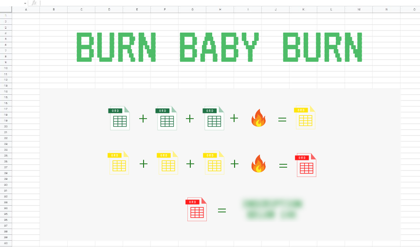 OrdinalSheet's tweet photo. When life gives you spreadsheets, burn them and trade up for something better 🔥😎

#BurnBabyBurn #Ordinals #OrdinalSheet #ETH https://t.co/QKtuJPfMBA