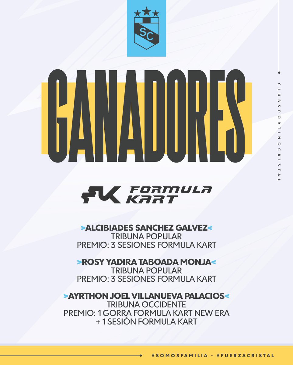 ClubSCristal's tweet photo. 💙¡Hincha Celeste!
Estos son los ganadores del sorteo realizado gracias #FormulaKart el día viernes en el estadio como previa del partido.
La empresa se contactará por interno con ustedes para hacerles llegar su premio.
¡Felicidades! 🎉
#FuerzaCristal https://t.co/05wZ5GkBbY
