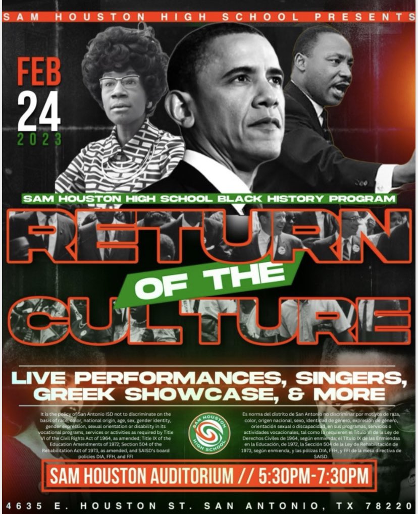 SAISDSamHouston's tweet photo. Please join us for a night to Return to the Culture, Sam Houston HS Black History Program! #allarewelcome #webelieve #prideoftheeastside 🧡💚🧡💚 https://t.co/PjSrA3Frbk