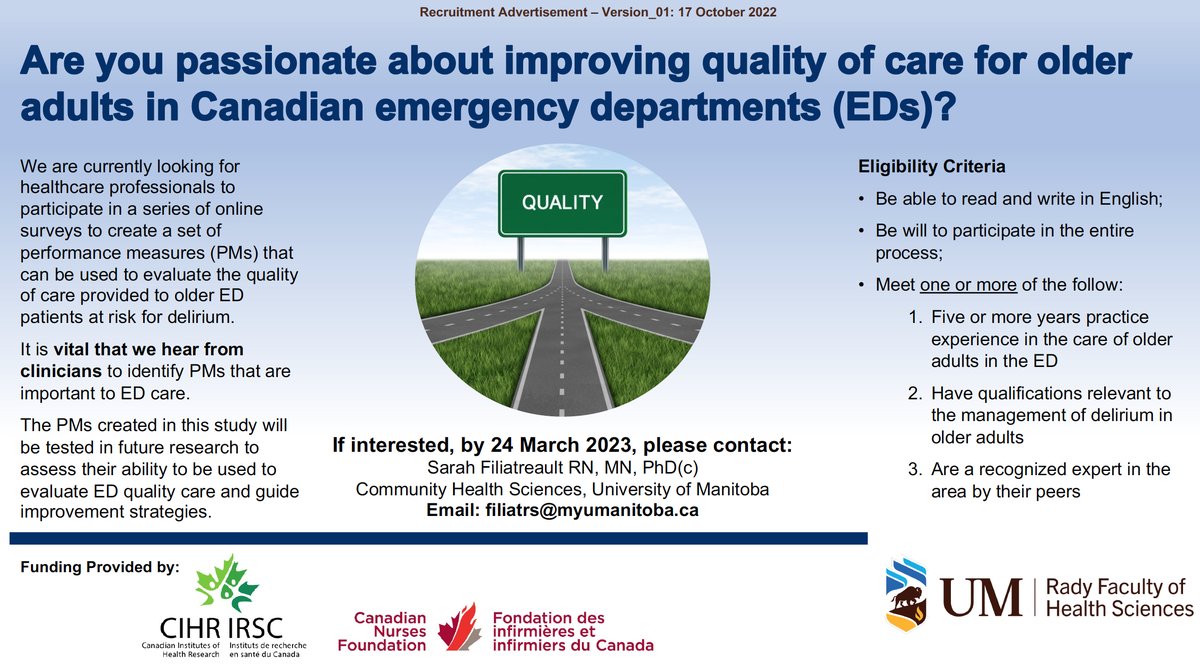 #EmergencyMedicine #Nurses passionate about #Delirium care quality for #Geriatrics please consider participating in my #phd research under guidance from @sarakreindler @GrimshawJeremy

Your expertise is invaluable @CAEP_Docs @GeriEM_Canada @iDelirium_Aware & please share widely!