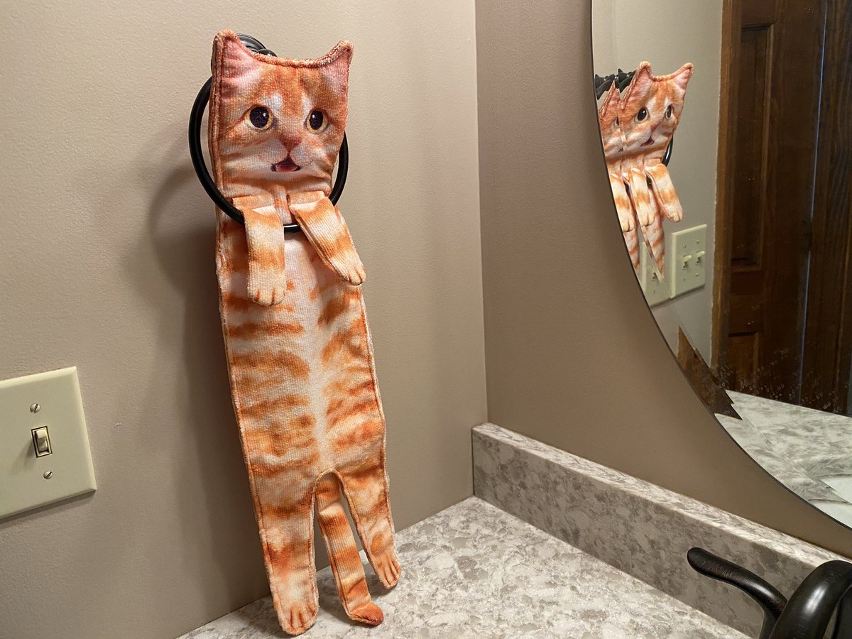 turquoisetangle's tweet photo. @KirkMcCall68 This cat-shaped hand towel arrived on Saturday. 😂😹🧡 A few days before, on Wednesday, my friend @Care_eMail messaged me the link. I replied "I may order it ..." [I did order it!] On Saturday I opened the package &amp; laughed! Panzer bit the cat towel! I laugh every time! #MicroJoy https://t.co/8WqhCVgFYb