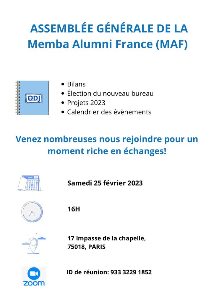 AMEMBAofficiel's tweet photo. La section France de L’AMEMBA fait son Assemblée générale 2023.
Save the date
#AMEMBA
#AG2K23
#MAF/ https://t.co/S7vGaNMY59