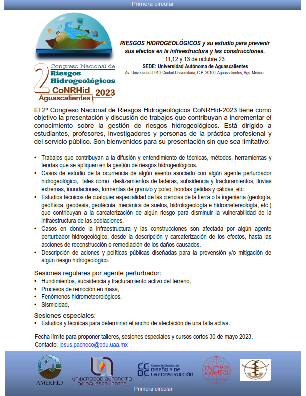 amerhid's tweet photo. Primera circular del "2 Congreso Nacional de Riesgos Hidrogeológicos" – Aguascalientes 2023 #CONRHID
📆 Fecha límite para proponer talleres, sesiones especiales y cursos cortos: 30 de mayo de 2023
📧 Contacto: jesus.pacheco@edu.uaa.mx https://t.co/EU1dgRyLqw