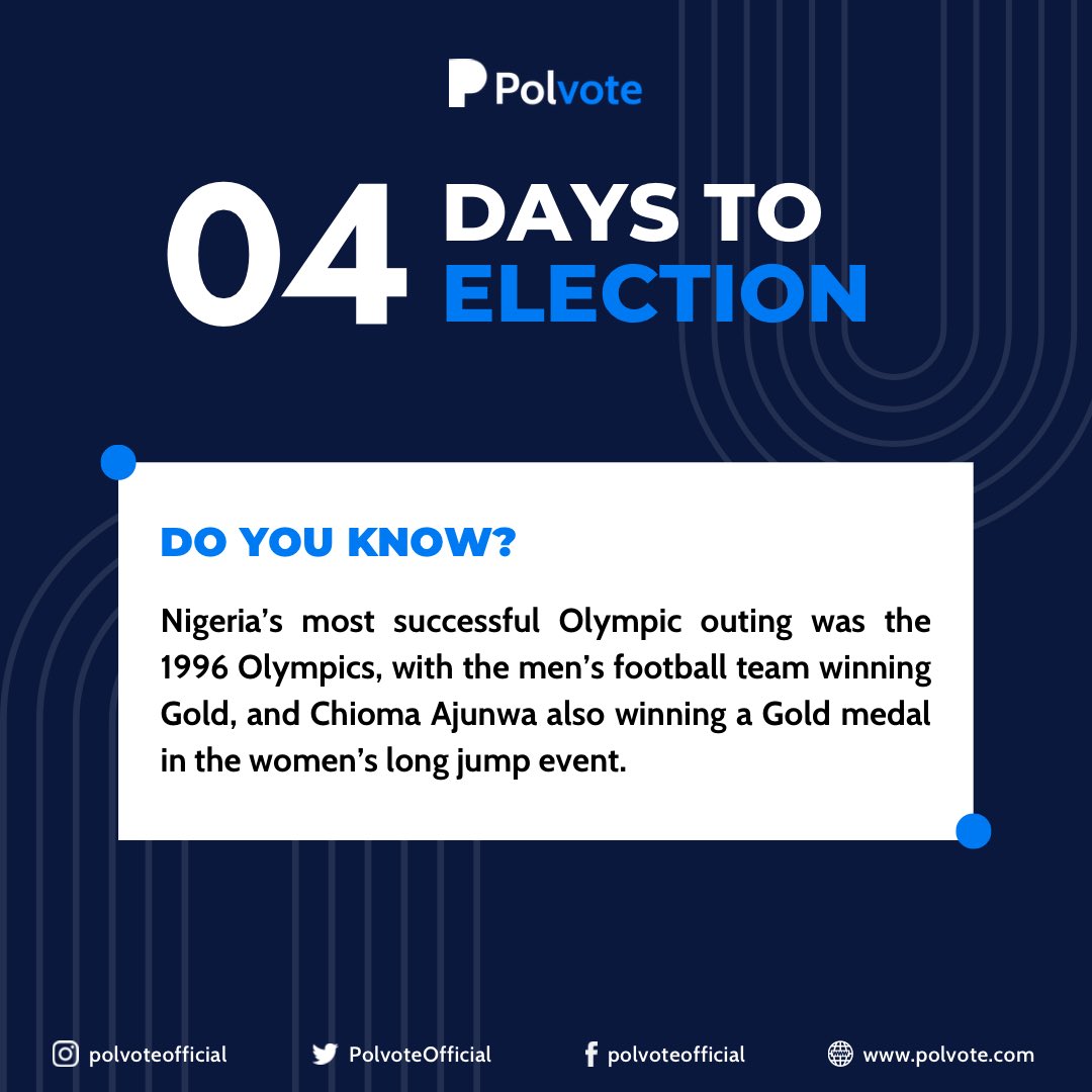 It’s 4 days to go! 

Hope your PVC is readily available? It’s time to show your act of patriotism towards Nigeria by casting your votes to ensure credible leader are election

Your Vote is your Power. Nigeria Decides 2023!!!

#2023Elections #Politics #Nigeria #Polvote
