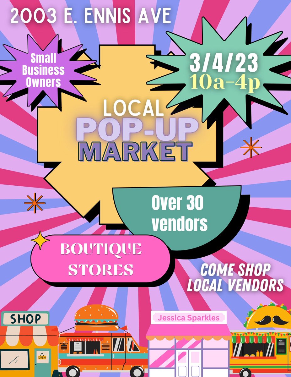 Support small businesses at this local Pop-Up Market, Saturday, March 4th, hosted at Foundation of Life Church, 2003 E Ennis Ave. There will be plenty of vendors to shop from, food &amp; music to enjoy, AND a bounce house and face painting for the kids!