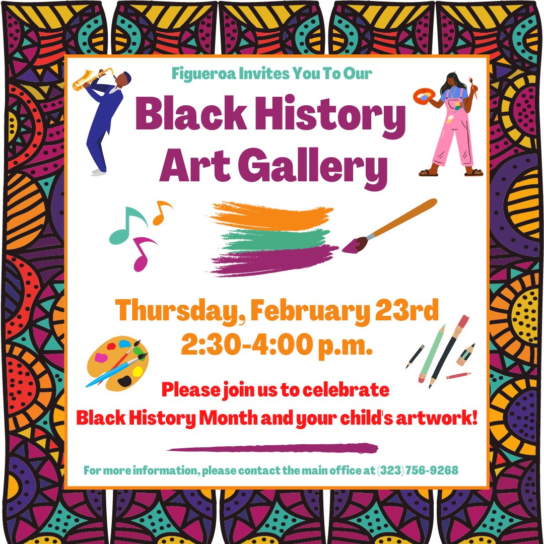 FigDolphins's tweet photo. 😃Please join us on Thursday as we celebrate Black History Month and your child's amazing artwork! 🖼🖌🎨🖍👩🏽‍🎨🧑🏾‍🎨👩🏼‍🎨

😃¡Únase a nosotros el jueves mientras celebramos el Mes de la Historia Afroamericanos y la increíble obra de arte de su hijo/a! 🖼🖌🎨🖍🧑🏾‍🎨👩🏽‍🎨👨🏼‍🎨 https://t.co/07LPQNAek8
