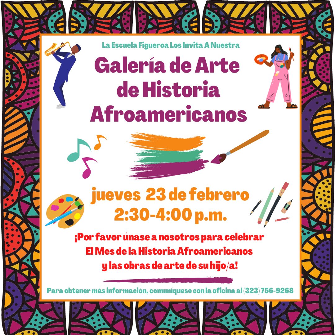 😃Please join us on Thursday as we celebrate Black History Month and your child's amazing artwork! 🖼🖌🎨🖍👩🏽‍🎨🧑🏾‍🎨👩🏼‍🎨

😃¡Únase a nosotros el jueves mientras celebramos el Mes de la Historia Afroamericanos y la increíble obra de arte de su hijo/a! 🖼🖌🎨🖍🧑🏾‍🎨👩🏽‍🎨👨🏼‍🎨
