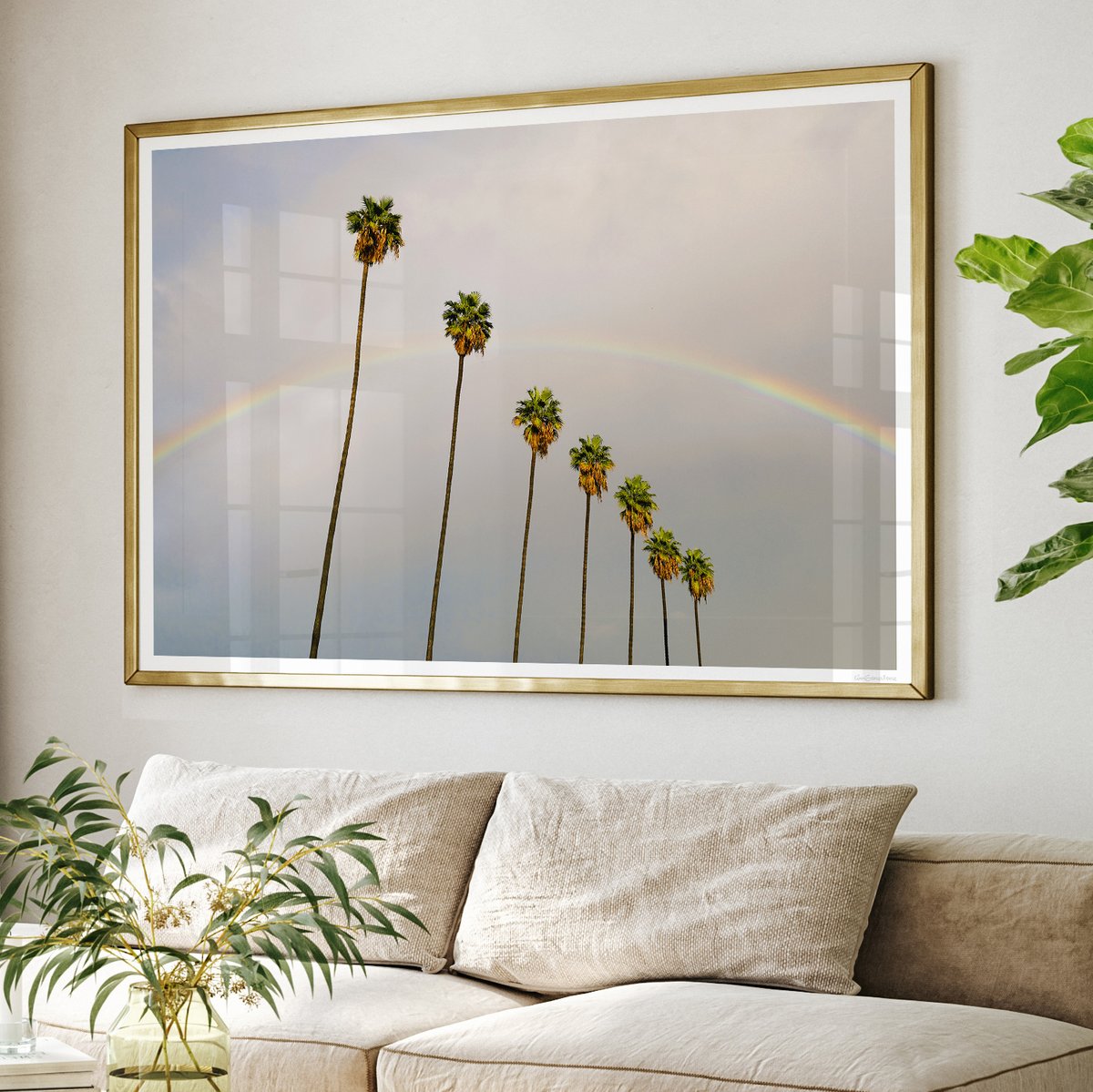 If you’ve followed <a href="/kimgenevieve/">Kimberly Genevieve</a> from the beginning, then you know this entire journey started with palm trees. 
Pictured: ‘Look For Rainbows’, reminding us to always look for the brighter side of things. Available at ArtofVieve.com as part of ‘The Palm Shop’ collection.