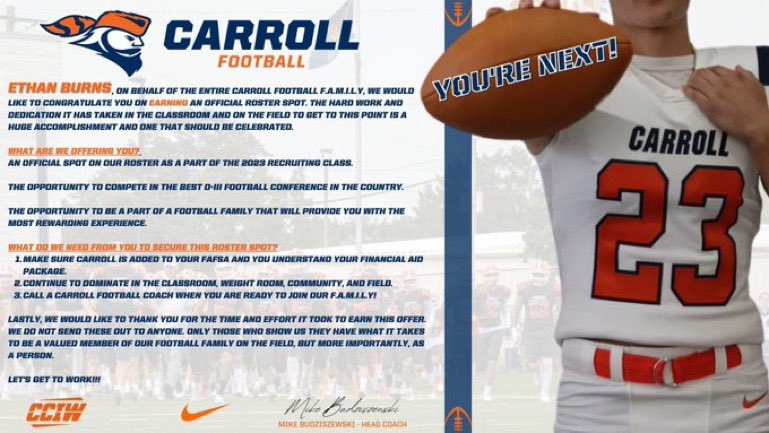 After an Amazing visit and a great conversation with <a href="/CoachPfeffer/">Zak Pfeffer</a>, <a href="/CoachBuddah/">Mike Budziszewski</a>,@coach_bunofsky I would like to announce that I have received an offer from <a href="/piofootball/">Carroll U Football</a> .