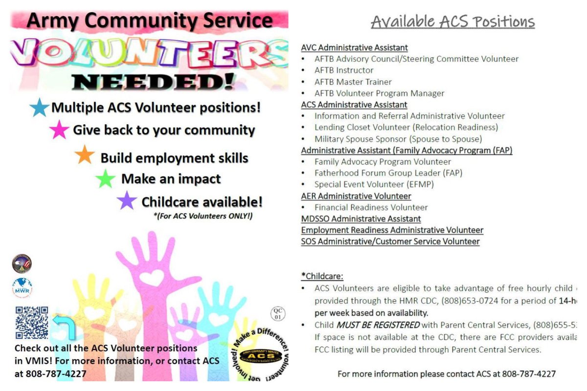usaghawaii's tweet photo. Are you interested in volunteering and giving back to the community?
#ArmyCommunityService is looking for highly motivated and passionate volunteers.
Call (808) 787-4227 for more info. https://t.co/nHbMvjJOfk