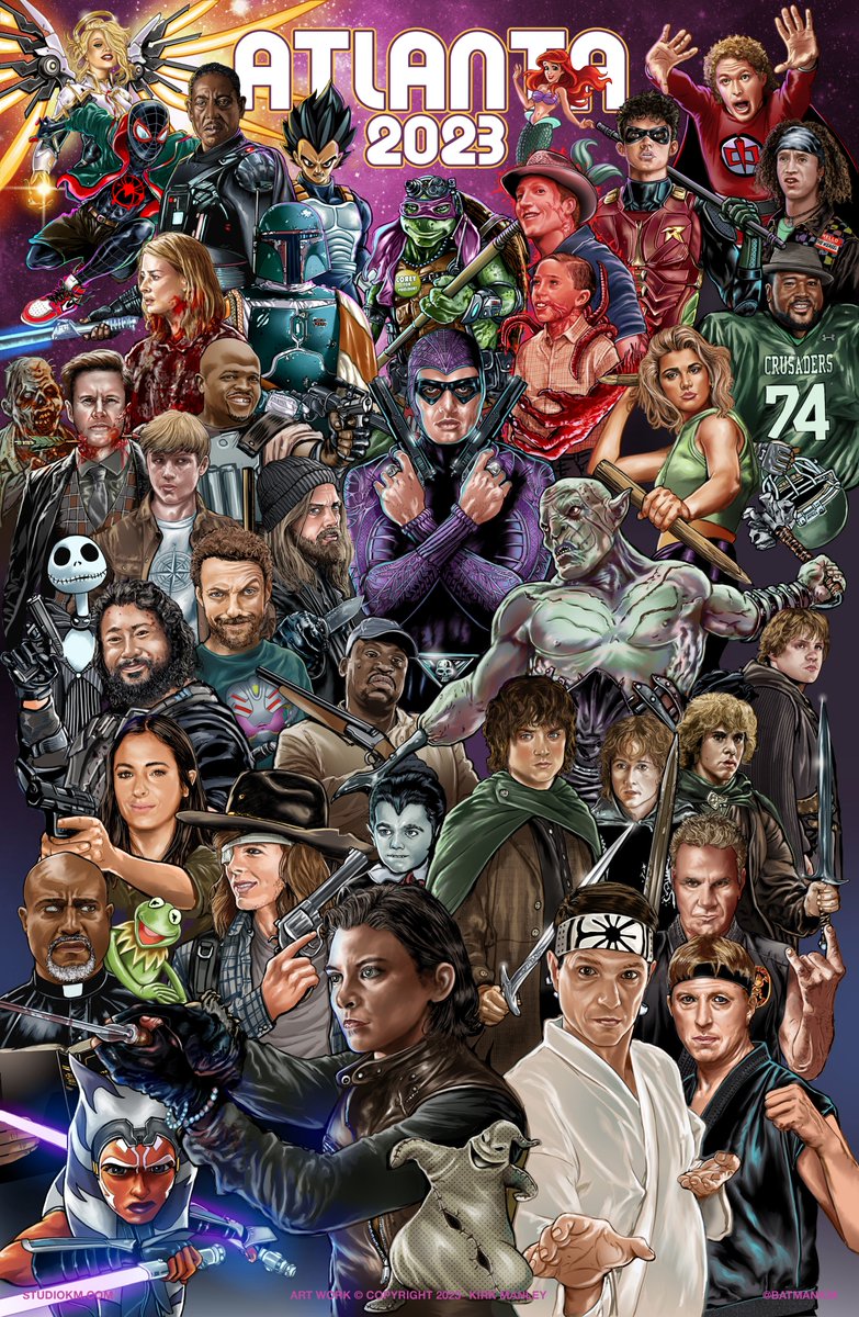 batmankm's tweet photo. The exclusive show poster for @ATL__CC next weekend is complete and at print. WOOOT! Tried to squeeze in so many guests. It's limited to 100 signed and numbered 11x17 prints. Swing by early to make sure you get yours! I will have a few 18x28 versions as well. Pls share/RT https://t.co/J6wr3V9Dri