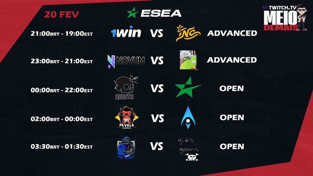 Meio_Demais's tweet photo. 🏆ESEA League Season 44 - NA
- #1WIN🇧🇷🆚🇺🇸@InControlNation
- @novumoficial 🇧🇷🆚🇺🇸#TeamGarble
- #QUEOTA🇧🇷🆚🇺🇸#oppositioN
- #FavelaMonkas🇧🇷🆚🇺🇸#inevitableLoyalty
- #proSecret🇧🇷🆚🇺🇸#gidsgoons
🎙️@meio_demais
📺https://t.co/o3VNPmOox5 https://t.co/elPeQUgDey