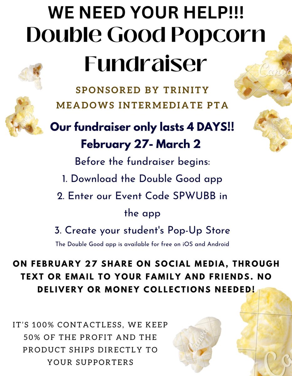 Mustangs, our next fundraiser is fast approaching!  
1. Create a pop-up store this week.  Share on social media, text, or email to friends and family starting Monday (2/27).  
2. The store will stay open for 4 days.
3. Top selling students/teachers and homerooms will win prizes.