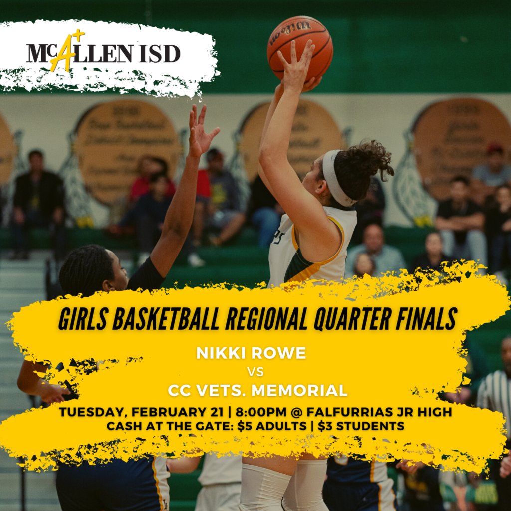 McAllenISD's tweet photo. Support the Lady Warriors as they defend and dominate in tomorrow's Regional Quarter Finals game against Corpus Christi Veterans Memorial!
#McAllenISD #NikkiRowe #GirlsBasketball #LadyWarriors #DistrictOfChampions #WarriorNation https://t.co/KLMHZX4hZK