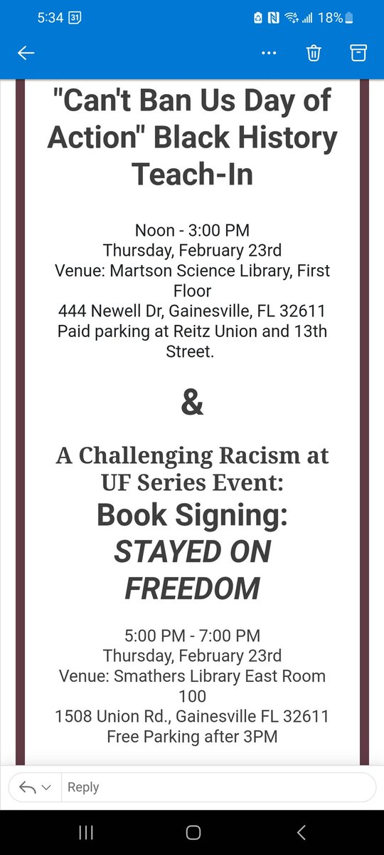 FYI: the African American Studies Program at the University of Florida is hosting a Town Hall on African American Studies. Wed. 2/22/2023 6:00 PM. It will be followed by several events, including "Can't Ban Us" Day of Action Black History Teach-In on Thursday, 2/23/2023