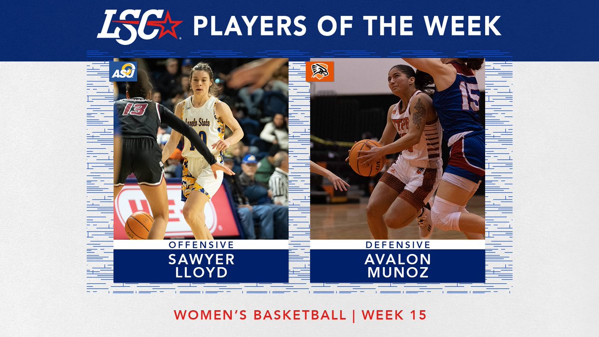 LoneStarConf's tweet photo. #LSCwbb Players of the Week

Offensive: Sawyer Lloyd, @angeloathletics (2)
Defensive: Avalon Munoz, @utpbfalcons (2)
 
🔗 https://t.co/Y9kUm5oK05

#D2WBB https://t.co/pxSQAVYMcS