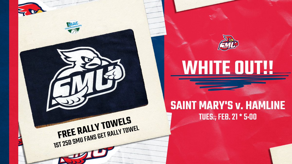 MBB - It's a WHITE OUT!!  <a href="/SMUMN_Hoops/">SMUMN Men's Basketball</a> kicks off MIAC Playoff action on Tuesday, hosting Hamline in a 5 p.m. matchup at the SMU Gym!! Everyone is encouraged to wear WHITE and the 1st 250 students receive an SMU rally towel to use to cheer on the Cardinals to victory!!