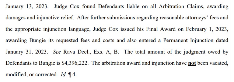 NEWS: Bungie has won a $4.3 million award against a #Destiny2 cheat seller AimJunkies in arbitration. ($3.6m in damages and $738k in fees)