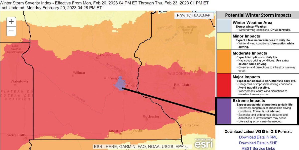 MPRweather's tweet photo. The Winter Storm Severity Index is maxed out for parts of the Twin Cities this week. Impacts expected to reach Category 5 "extreme" levels. Worst impacts Wednesday night and Thursday with blizzard conditions possible. Possibly even in the Twin Cities. #mnwx https://t.co/Xebx4R5toO