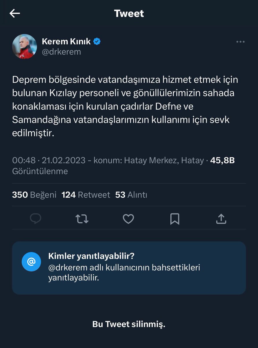 fzaofficial's tweet photo. kızılay başkanı, attığı tweeti sildiğine yönelik tweete cevap olarak yazdığı ikinci tweeti de sildi. ama ikinci tweeti haber verdiği tweeti silmeyi unuttu https://t.co/57iu73Gf3C