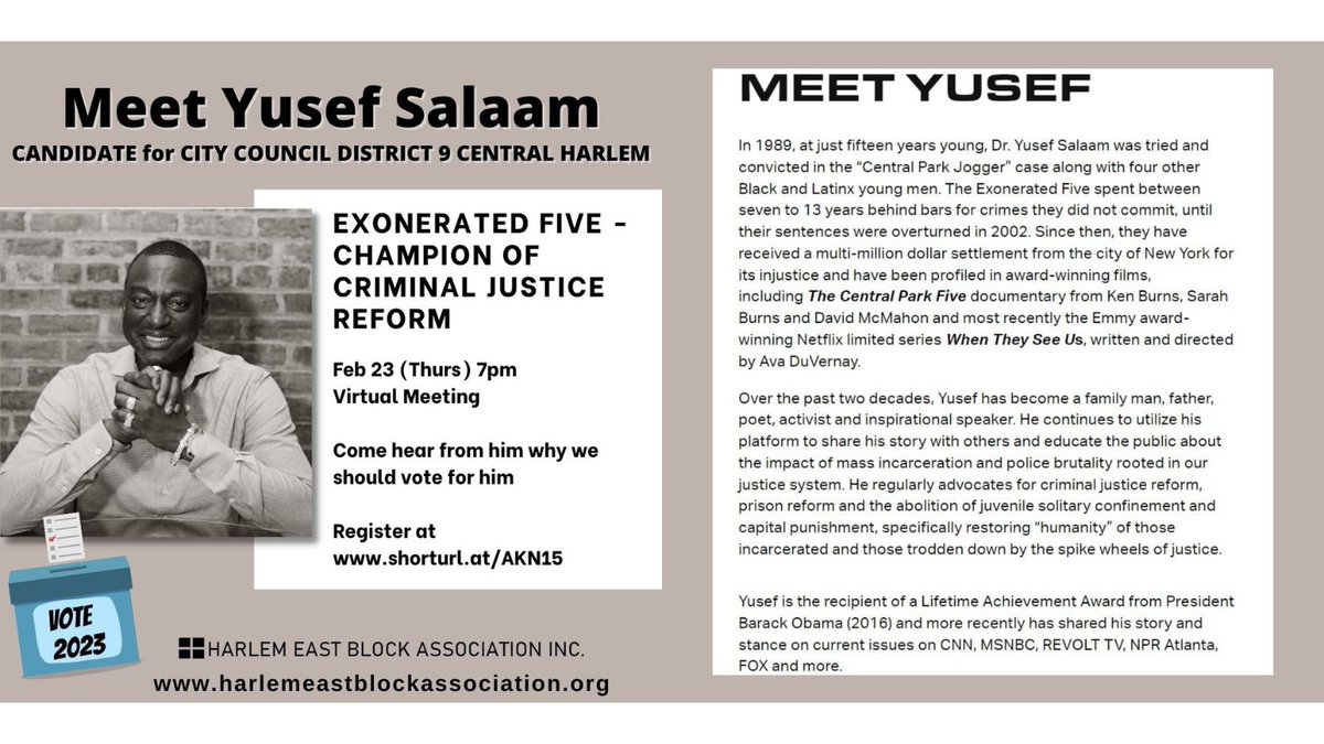 harlemeastblock's tweet photo. On Feb 23 (Thurs) at 7pm to hear from Yusef Salaam @dr_yusefsalaam why we should vote for him in June. Register here https://t.co/pFfKXFW2no

The block association continues to host candidates so we can be well-informed when we endorse candidates. Do vote in the June Primaries!! https://t.co/qt7xMazuzk