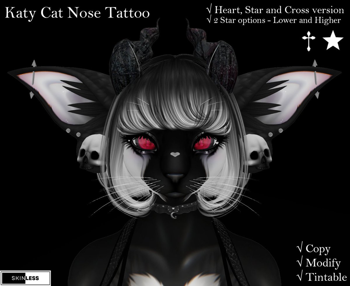 MilsyVillarreal's tweet photo. ♡ New Release ♡
[SKINLESS] - Katy Cat - Nose Tattoo (BoM) - Tintable
➟ MP➟ https://t.co/q1wBm7U09x
➟ Flickr ➟ https://t.co/JZtzvvvtp7
.
#SL #Furry #SLFurry #Furr #Fur #Makeup #Tattoo #Cat #KatyCat #SecondLife #Star #Cross #Heart #Modify #Tintable
@SecondLife https://t.co/fTvwOxGexa