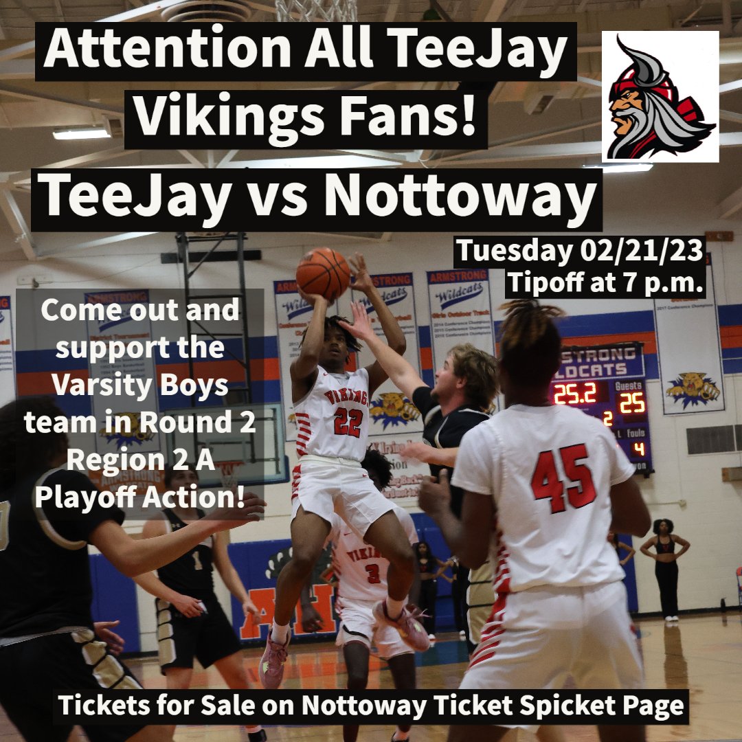 Good Evening TeeJay Vikings Fans! Come out and support the Varsity Boys Team in Round 2 Region 2 A Playoff action at Nottoway. 02/21/23 Tip off at 7 p.m. 

events.ticketspicket.com/agency/67357ed…

#vikingupdate #WeAreRPS