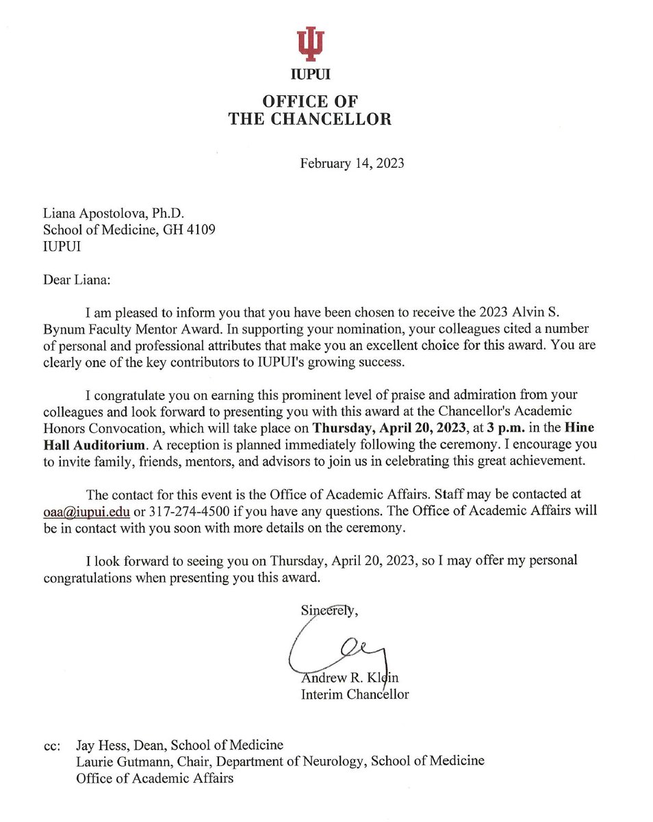 ApostolovaLiana's tweet image. I feel incredibly honored to be the 2023 IUPUI Bynum Faculty Mentor Award recipient! I have the best lab ever full of bright young scientists who make my job easy and pleasurable. Thank you, Apostolova Lab trainees, for the nomination!