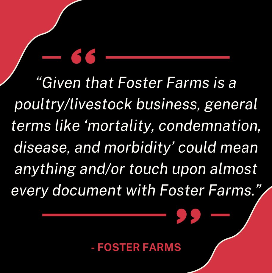 FosterFarmTrial's tweet image. When you ask @FosterFarms to hand over documents about mortality and disease... and they basically admit everything they do involves sickness, suffering, and death. 

#FosterFarmsTrial #RightToRescue