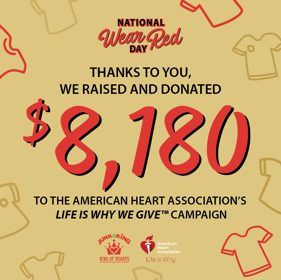 JK_Stockton's tweet photo. Thank you to everyone who scheduled a junk removal on this year's Wear Red Day! We were able to raise $8,180 for the American Heart Association. It is always rewarding to be able to giveback to such an incredible organization, and it all wouldn’t be possible without you! https://t.co/0MkYYdp4HC